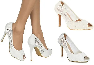 New Lace Embellished High Stiletto Heel Peep Toe Bridal Wedding Shoes Size 3-8 • £19.99