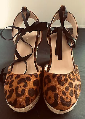 Miss Selfridge 'Wesley' Leopard Espadrille Wedge Ribbon Tie Size UK 4 BNWOB • £14.99