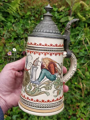 Stoneware German Beer Stein 0.4ltr Art Nouveau Elves Monkeys & Cat. Perfect • $473.72