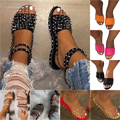Womens Rivet Studded Gladiator Summer Sandals Ankle Strap Slippers Shoes Sizes • £14.63