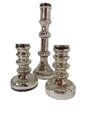 Mercury Glass Candlestick Holder Set Of Three Silver - One Ten And Two Five Inch • $45.73