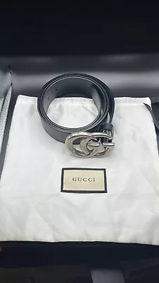 GUCCI GG Logo Leather Belt Black Silver Buckle Size 100/40 Bag Ribbon Authentic • $327.97