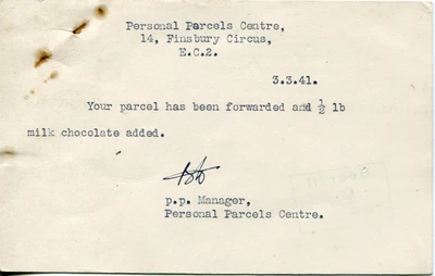 £4.99 • Buy 1941 Personal Parcels Centre Card To Guernsey Evacuee Eileen Connors