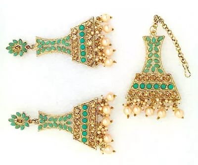 New Bridal Maang Tikka Earrings Indian Pearl Wedding Kundan Gold Tone Ethnic Set • $23.64