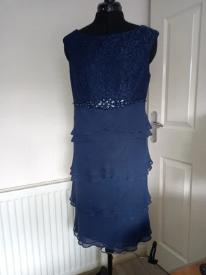 £2.99 • Buy Jessica Howard Navy Blue Dress With 3 Chiffon Style Panels & Bead Detail UK 16