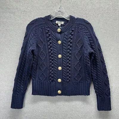 J Crew Sweater Womens Extra Small Navy Cable Knit Gold Button Lambswool Cardigan • $55