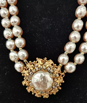 Sign Miriam Haskell Double Strand Baroque Pearl & Rhinestone Necklace - Beauty! • $249.99
