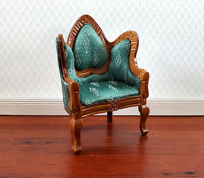 Dollhouse Victorian Arm Chair Green 1:12 Scale Furniture Walnut Wood Finish • $17.99