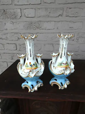 Antique Pair Vieux Paris Porcelain Vases Hand Paint Rooster Peacock Rare • $455