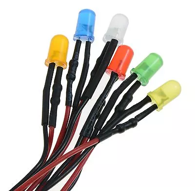 Diffused Lens Prewired 5mm LED 20cm 12V - White Red Blue Green Yellow Orange • £2.59