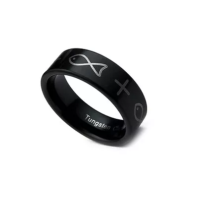 8mm Men's Black Tungsten Band Icthus Cross Wedding Ring • $38.24