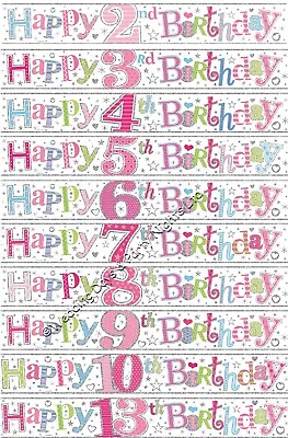 £2.18 • Buy 9ft Girls Sparkly Happy Birthday Pink Foil Banner Party Wall Door Decorations