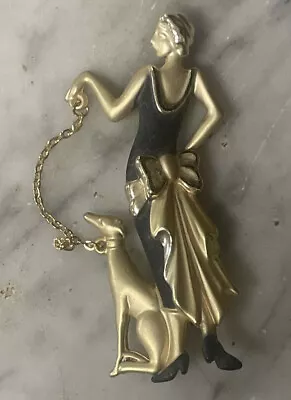 Vintage 1920s Flapper Girl With Greyhound Dog Enamel And Gold Tone Brooch • $19.99