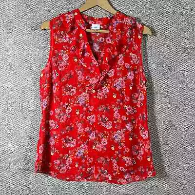 Cabi Crush Blouse Womens Size Medium Red Floral Ruffle Sleeveless Semi Sheer Top • $28.88