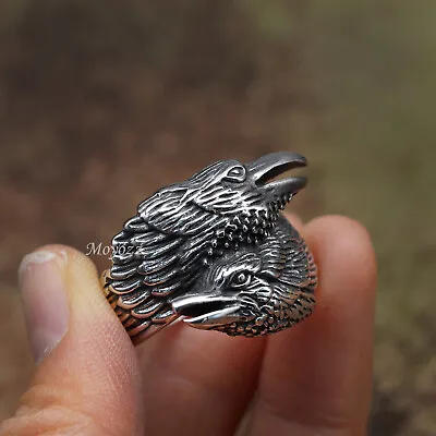 Stainless Steel Mens Biker Viking Odin Crow Bird Raven Ring Men Size 7-15 Gift • $7.99