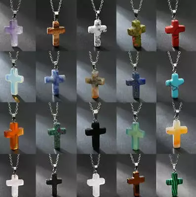 Natural Stone Cross Gemstone Pendant Necklace • $7.99