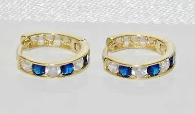 9ct Gold Blue Sapphire & Cz Huggie / Cuff Hoop Earrings • £59.95