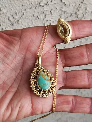 Vintage Sterling Gold Yellow Citrine Size 8 & Turquoise Necklace  • $49.99