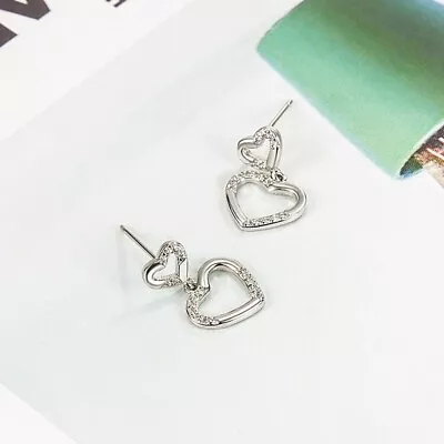 925 Sterling Silver Open Double Love Heart CZ Drop Dangle Stud Earrings Gift UK • £3.49