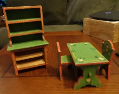 Vintage 4-piece Wooden Dollhouse Miniatures-handpainted-table-2 Chairs & Hutch • $39.99