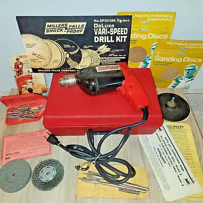 VINTAGE MILLER FALLS RED Shock Proof DeLuxe Vari Speed Drill KIt No.SP2039K 3/8 • $69.99