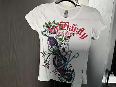 Ed Hardy By Christian Audigier White  T-shirt With Shoe Flower & Scissors Print • £5