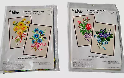 LOT 2 Vintage Family Circle Crewel Kit Daisies Thistles / Roses Violets 1974 NEW • $42