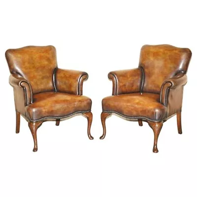 Pair Of Restored Antique Art Deco Hand Dyed Cigar Brown Leather Club Armchairs • £3950