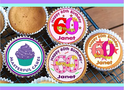 24 PERSONALISED 60th BIRTHDAY DESIGN 4 CUPCAKE TOPPER RICEWAFERICING & PRECUT  • £3.45