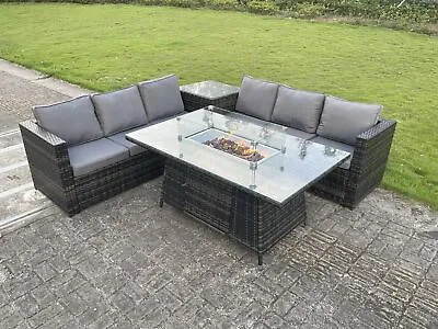 Fimous PE Rattan Garden Furniture Gas Fire Pit Heater Burner Dining Table Sets • £1039