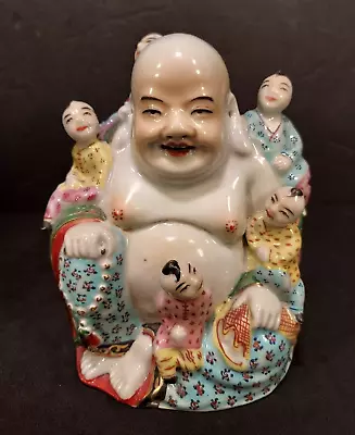 Chinese Porcelain Vintage Laughing Buddha With 5 Children Famille Signed 5  Tall • £332.51