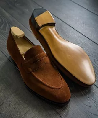 Men New Handmade Brown Suede Leather Formal Smart Loafer Moccasin Dress Shoes • £137.99
