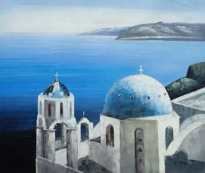 20x24 The Churches And Ocean Of Santorini Oil Painting Naturalism Mediterranean • $61