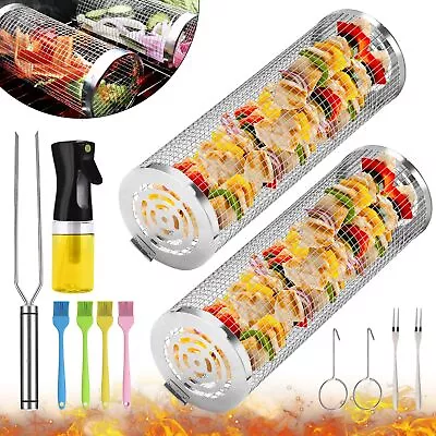 Grill Basket 2 PCS BBQ Grill Basket Rolling Grilling Basket Stainless Steel G... • $48.58