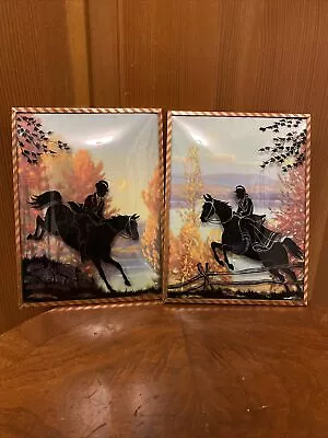 Vtg CONVEX GLASS Silhouette Lady  Man Horse Equestrian Fence Jump Metal Frames • $45