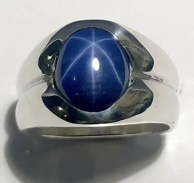 MJG STERLING SILVER MEN'S RING.12 X 10mm LAB CREATED BLUE STAR SAPPHIRE. SZ 9+ • $127.78