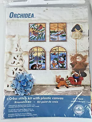 Orchidea Counted Cross Stitch Plastic Canvas Winter Windows Makes 4 Snowmen Cat • $16.99