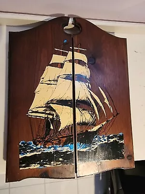 VTG NAUTICAL Clipper Ship DARTBOARD CABINET Made In England Bar Home Scoreboard • $129.95