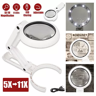 5/11X Magnifying Glass Stand Handheld Foldable Dimmable Magnifier W/ 8 LED Light • $12.98