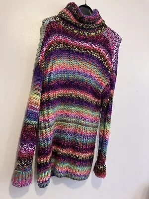 Rainbow Knit Colourful Chunky Knit Roll Neck Jumper Hippy • £25