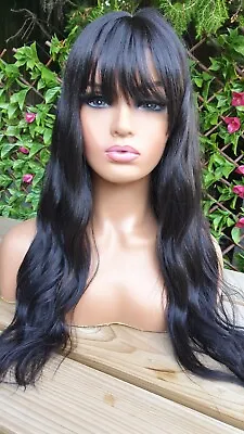 Very Dark Brown Human Hair Blend Wig Bangs Fringe Curly Classic Cap Wig • £64