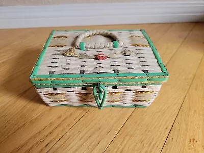 Vintage Small Woven Sewing Basket With Green Accents Made In Japan • $14.99