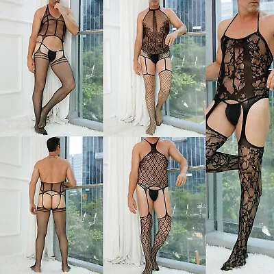 Mens Bodysuit Skinny Jumpsuit Bodystockings Nighties Fishnet Party Leotard • £9.59