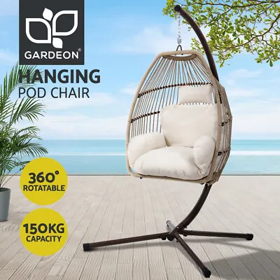 Gardeon Outdoor Egg Swing Chair Wicker Rope Furniture Pod Stand Cushion Latte • $229.95