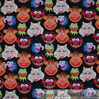 BonEful Fabric FQ Cotton Quilt Black MUPPETS Disney Kermit Frog Miss Piggy Fozzi • £5.57
