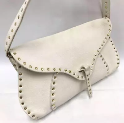Used CELINE Vintage Studs Bag Purse White Leather Gold Hardware Interior Pocket • $164