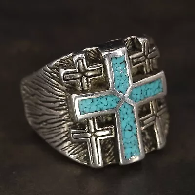 VTG Silver Plated - 1987 G&S Turquoise Cross Men's Biker Ring Size 9 - 11.5g • $2.99