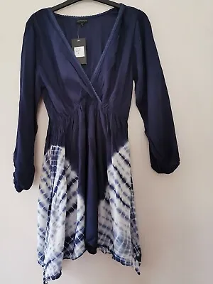 £12.99 • Buy ASOS Tie Dye Dress Tunic Kaftan Navy Blue Plunge Neck Viscose Womens Long Sleeve