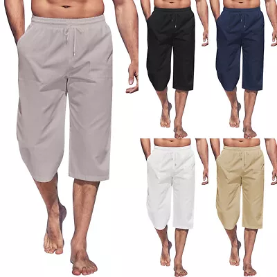 Mens Elasticated Waist 3/4 Long Length Shorts Summer Casual Three Quarter Pants • $26.28