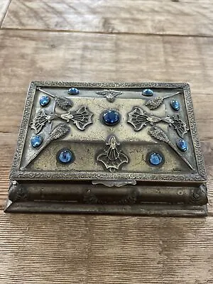 Antique Vintage La Tausca Pearls 1920s Era Metal Jewelry Box W Blue Stones 6.5  • $39.99